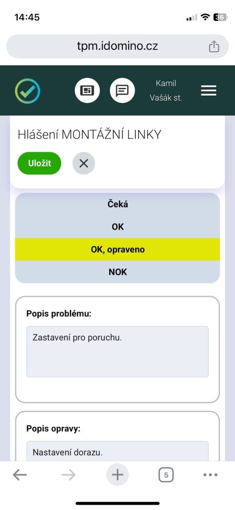 Seřizovač: hlášení montážní linky